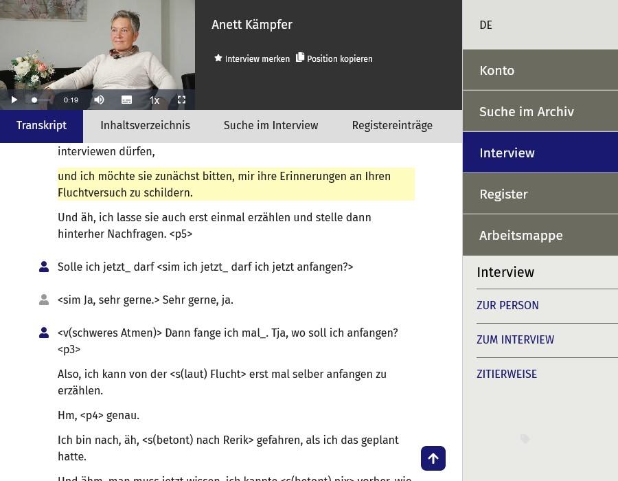 Interviewansicht im Online-Archiv